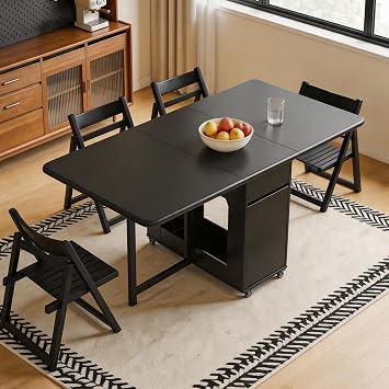 Solid Wood 130CM Foldable Dining Table and Chairs Set 6 with Storage