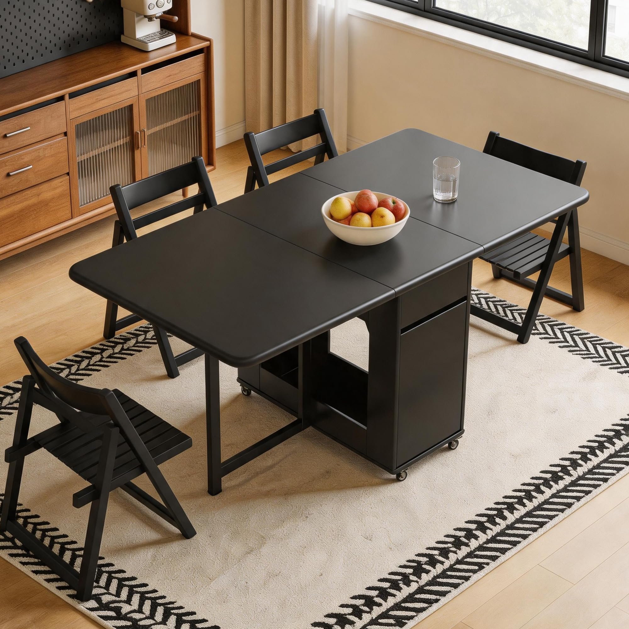 Set di tavolo e sedie pieghevoli in legno massello per 8 persone con contenitore, design elegante, salvaspazio, perfetto per sale da pranzo e cucine