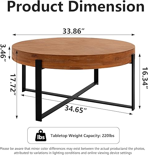 Miniatura 2 de Mesa de centro redonda de empalme retro moderna de 33.86 pulgadas, mesa de madera de abeto con base de patas cruzadas negras Negro (33.86")x,dorado