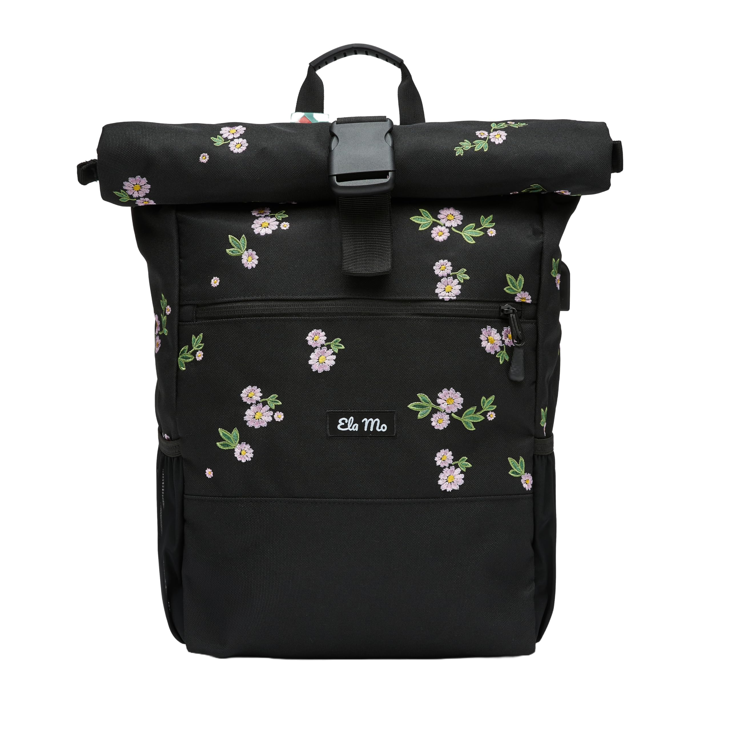 Ela Mo® Rolltop Rucksack Damen - Rollrucksack Anti Diebstahl für Sport & Reisen - Laptoprucksack für Schule, Uni, Business - Mit USB Anschluss & kompaktem Flaschenhalter - Upsy Daisy