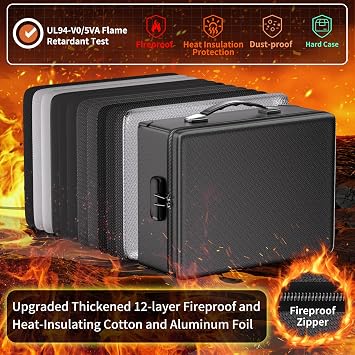 DocSafe Fireproof Document Box with Lock - 12 Layers Heat Insulated, Black