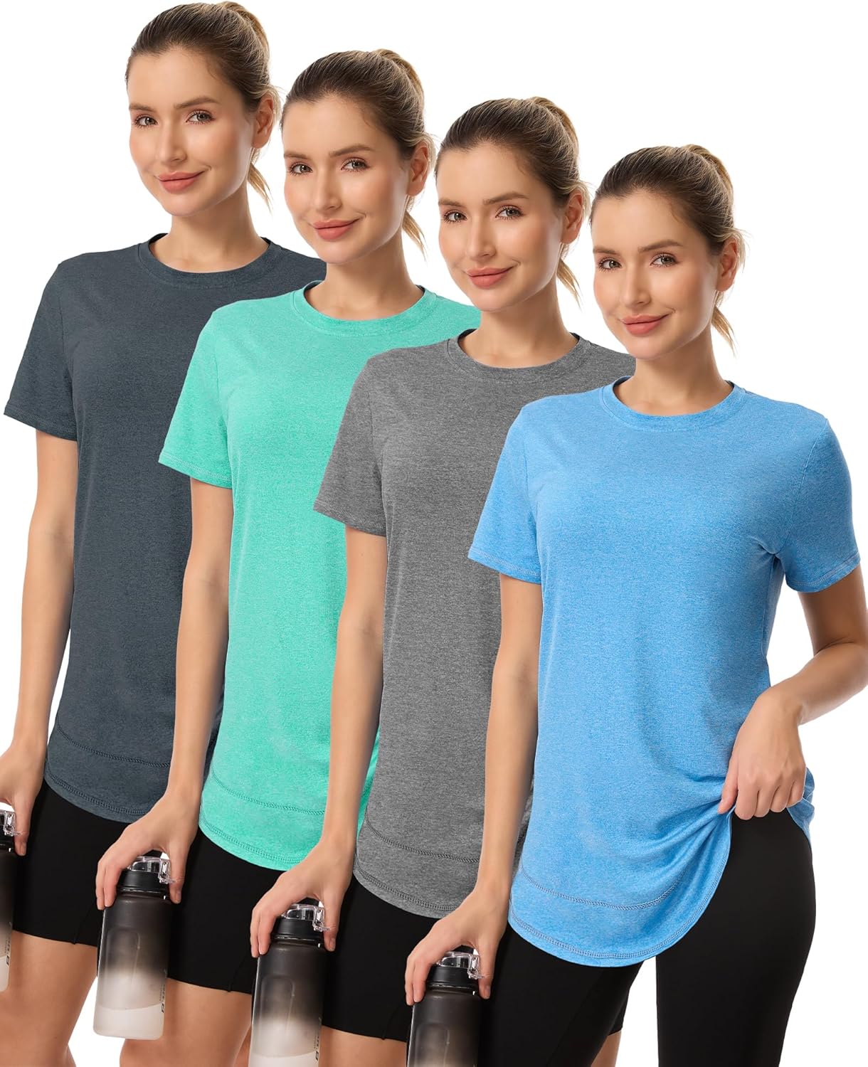 4 Pack Womens Workout Tops Short Sleeve Shirts Sun Protection UPF 50+ Quick Dry Running Outfits for Gym Hiking Loose Fit