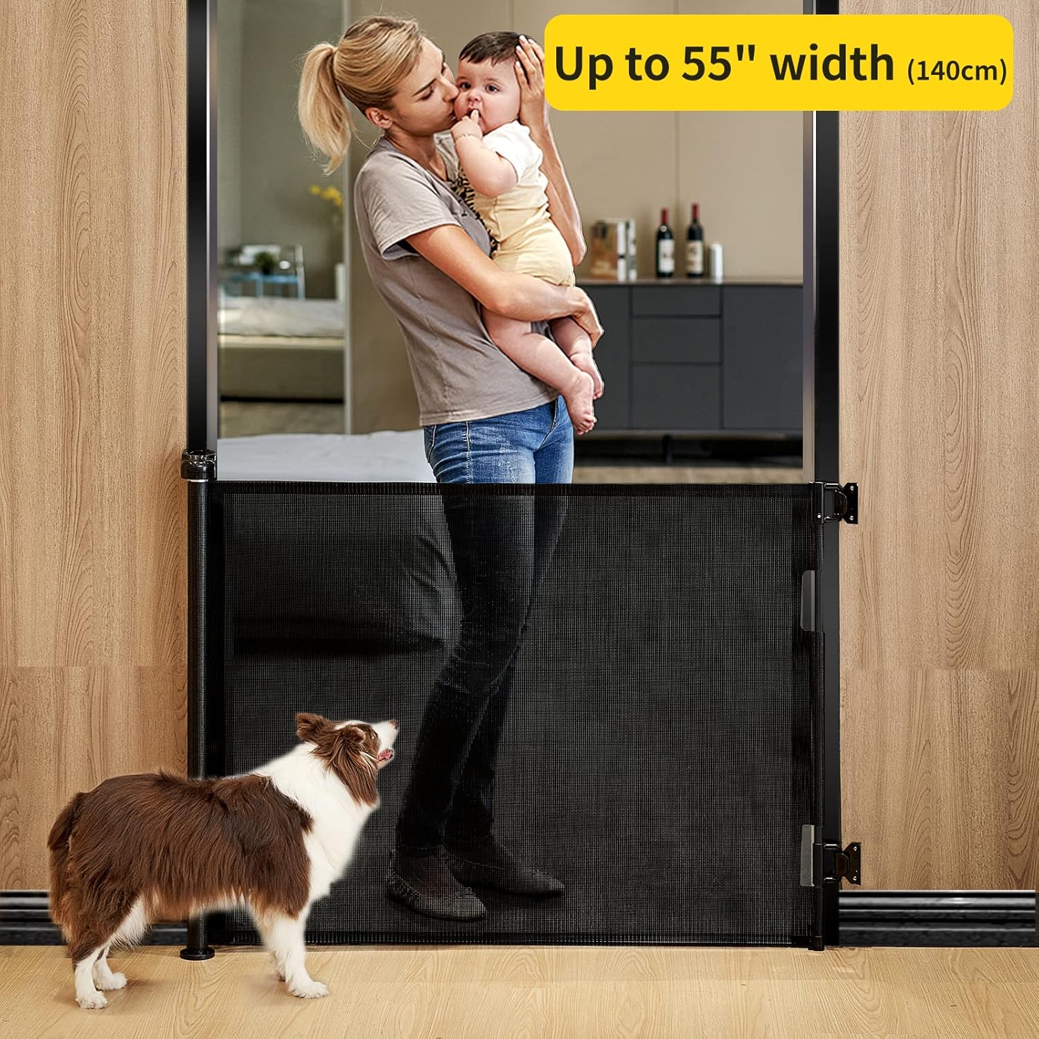 Retractable Baby Gate for Stairs – 33” Height, Expands up to 55” Width – Safety Gate for Infants, Toddlers, Dogs & Pets – Easy Install, Secure Closure, Black Mesh Design for Indoor & Outdoor Use 33x55 Inch Black