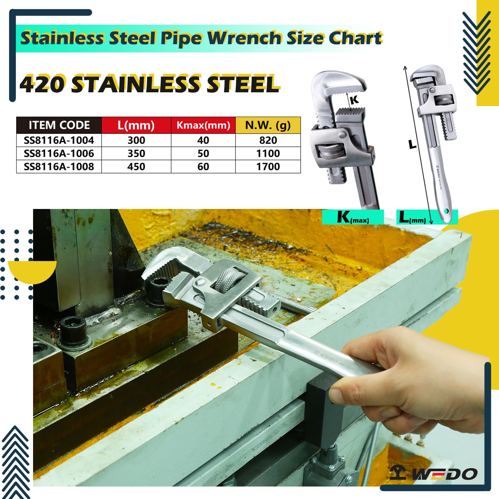 WEDO 14-inch Pipe Wrench,Heavy-Duty Adjustable Straight Plumbing Wrench,420 Stainless Steel,Wide Jaws 50mm,Length 350mm,Micro Magnetic,Corrosion-Resistance,Rust-Proof,Polished Surface