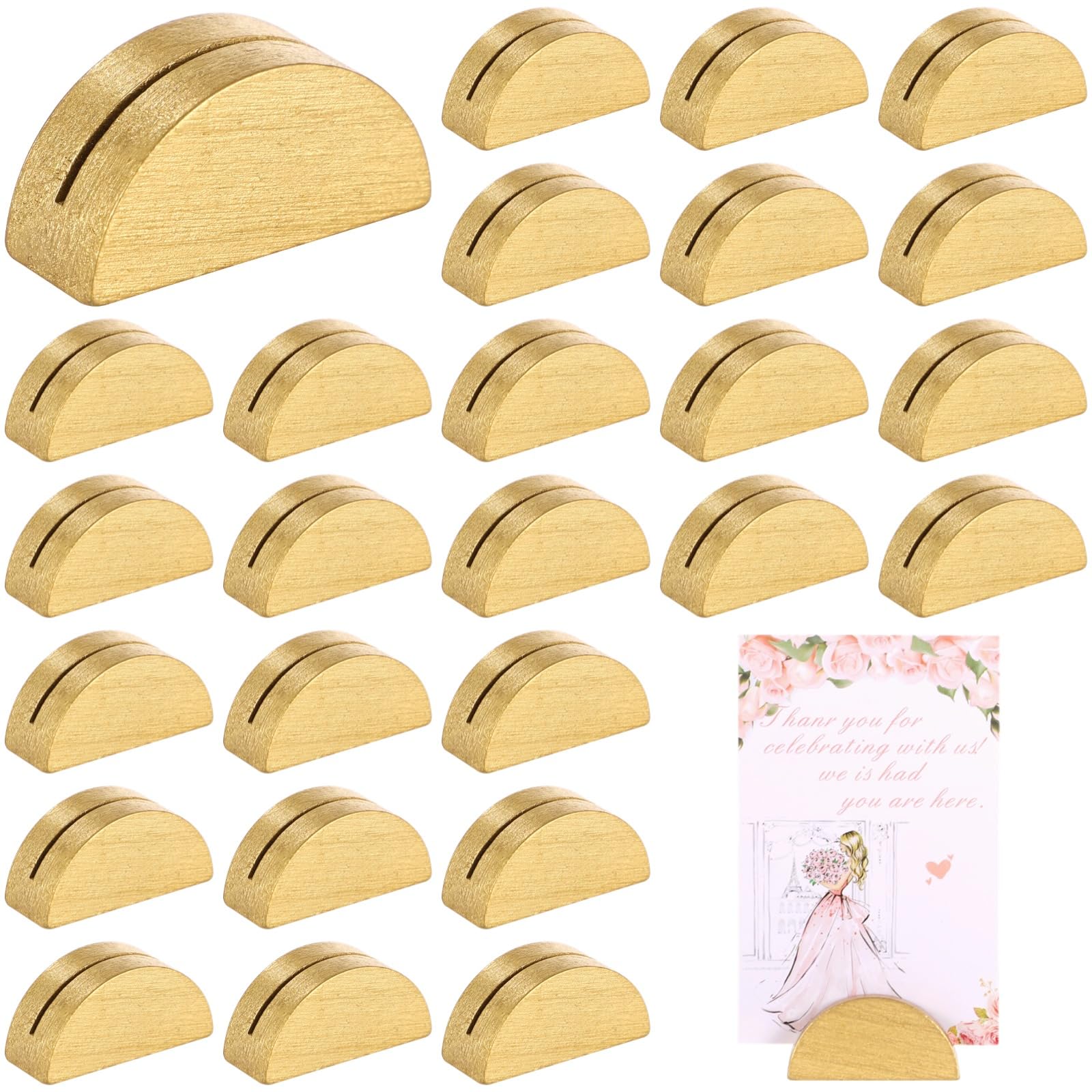Lot de 50 supports dorés pour numéros de table, petits porte-cartes en bois, design élégant demi-rond pour cartes nominatives, étiquettes, photos, panneaux pour mariages, banquets