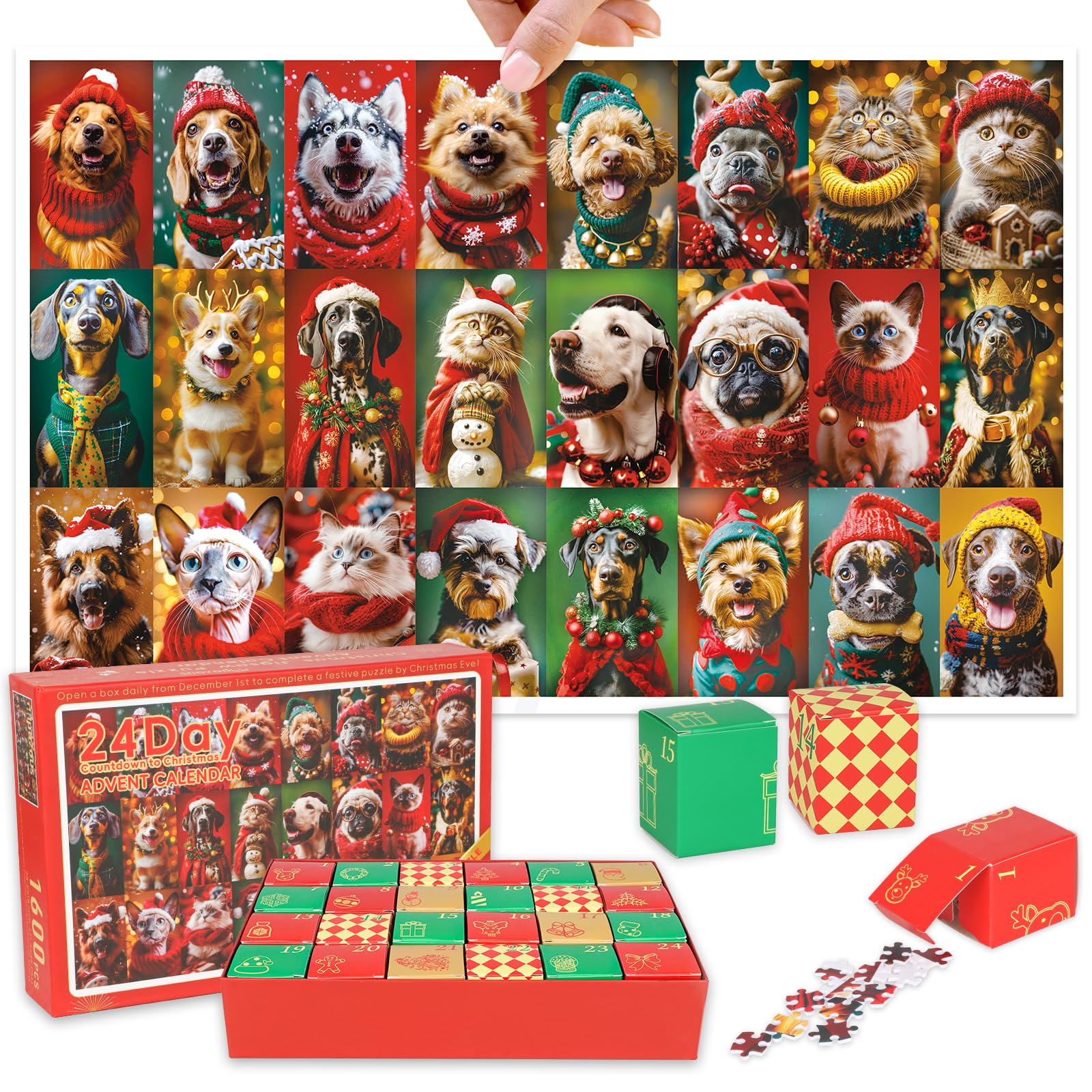 Jigsaw Puzzle Advent Calendar 2024,1600 Piece Seamless Plastic with Xmas Dog & Cat Theme,24 Day Christmas Countdown,No Missing Piece Ever Gift for Kids Adults,28.2 * 18 inch