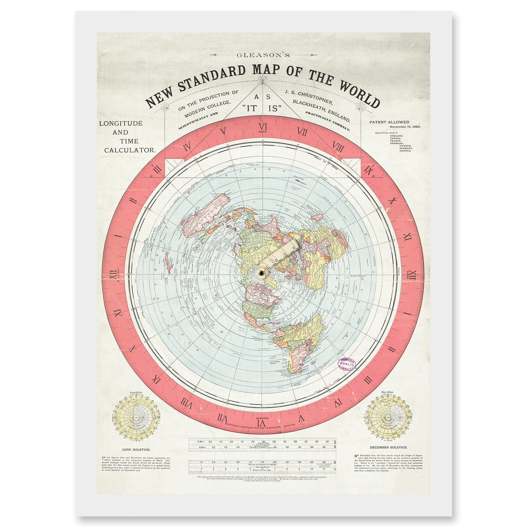 Artery8 1892 World Time Calculator Flat Earth Map Gleason Artwork Framed A3 Wall Art Print