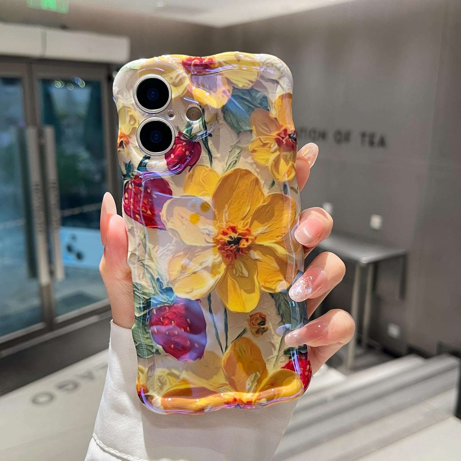 XIZYO Case for iPhone 17, Colorful Retro Oil Painting Flower Cute Floral Aesthetic Curly Wave Frame Laser Glossy Reflective Stylish Protective Cover Women Girls-Strawberry Flower/Yellow thumbnail