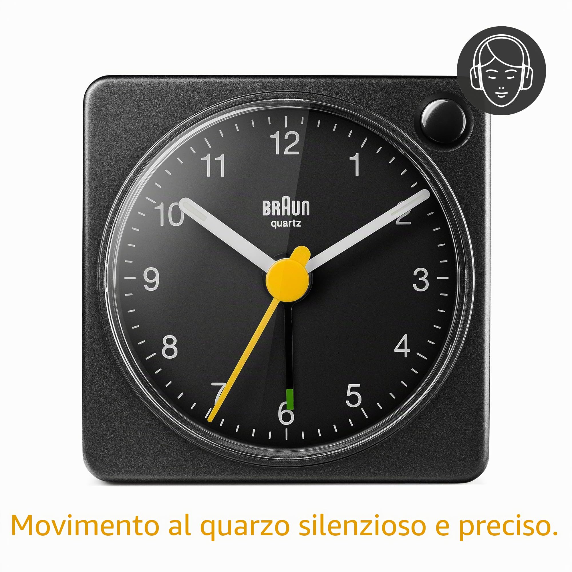 Braun Orologio Sveglia Analogico Classico viaggio con Funzione Snooze e Luce, dimensioni ridotte, Movimento al Quarzo silenzioso, Suono Sveglia Beep con crescendo, colore nero, modello BC02XB.