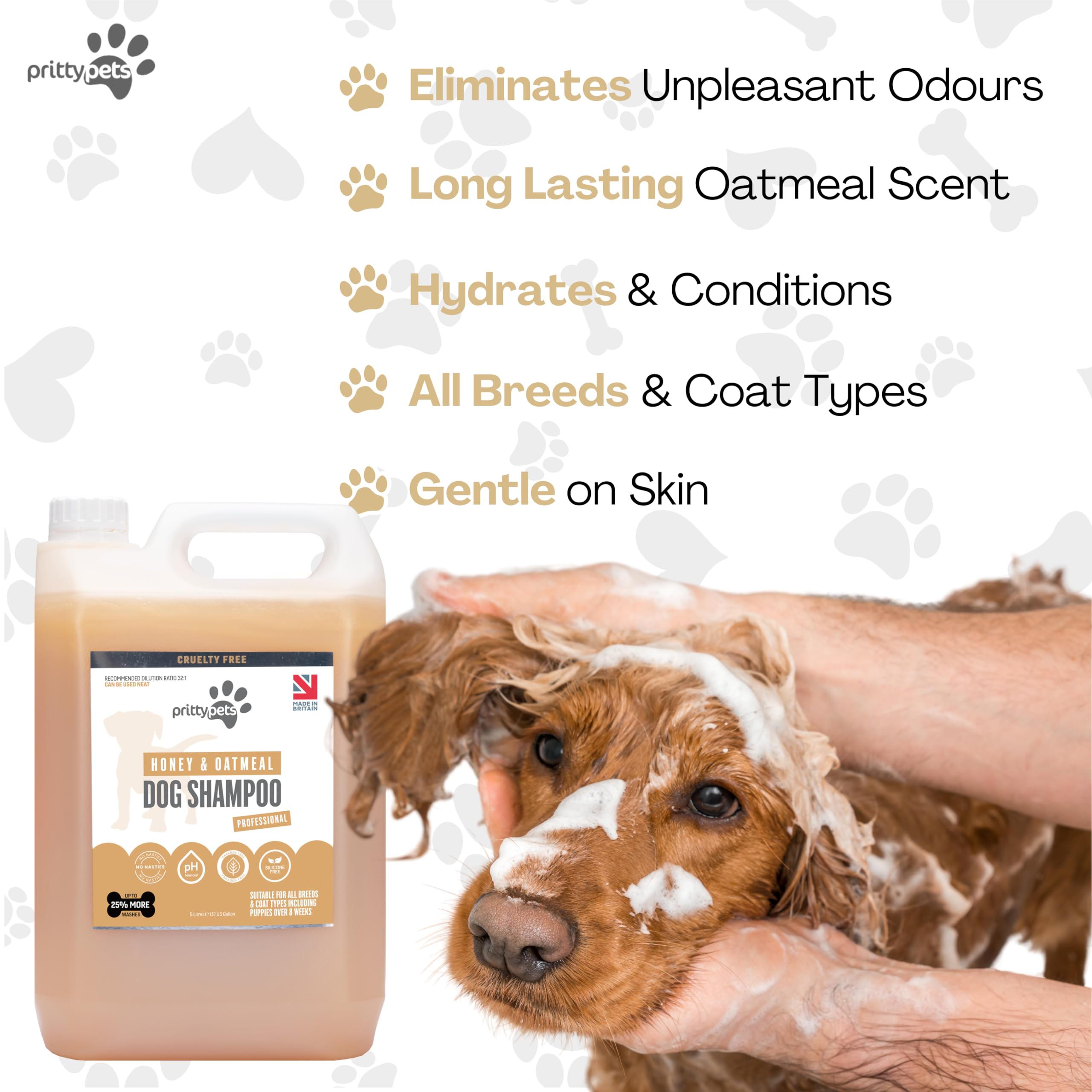Champú para perros de avena PRITTY PETS 5L Champú de avena para perros – PH profesional equilibrado, libre de crueldad, silicona y parababan, champú apto para perros – Fabricado en el Reino Unido (5