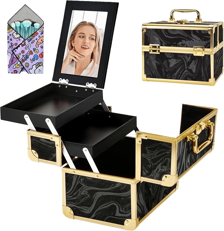 Maleta de maquiagem GALHUBIS com espelho, 2 bandejas e bolsa organizadora, Black Gold ARBS, Pacote com 1