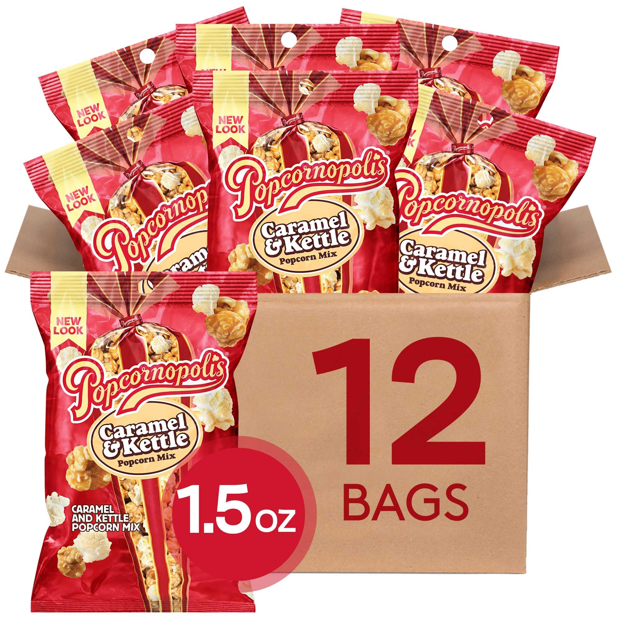 Popcornopolis Caramel & Kettle Popcorn, Caramel Corn and Kettle Corn Popcorn Mix, Multipack, 12 Individual Bags, 1.5 Ounces Each