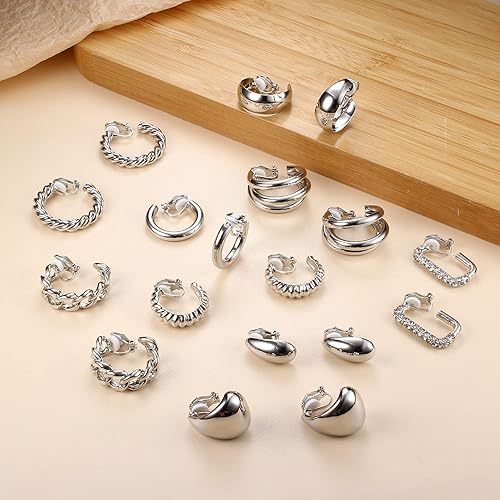 Miniatura 6 de YADOCA 9 pares de aretes de clip de oro para mujer, chapados en oro de 14 quilates, aretes de aro gruesos con forma de gota de agua, sin