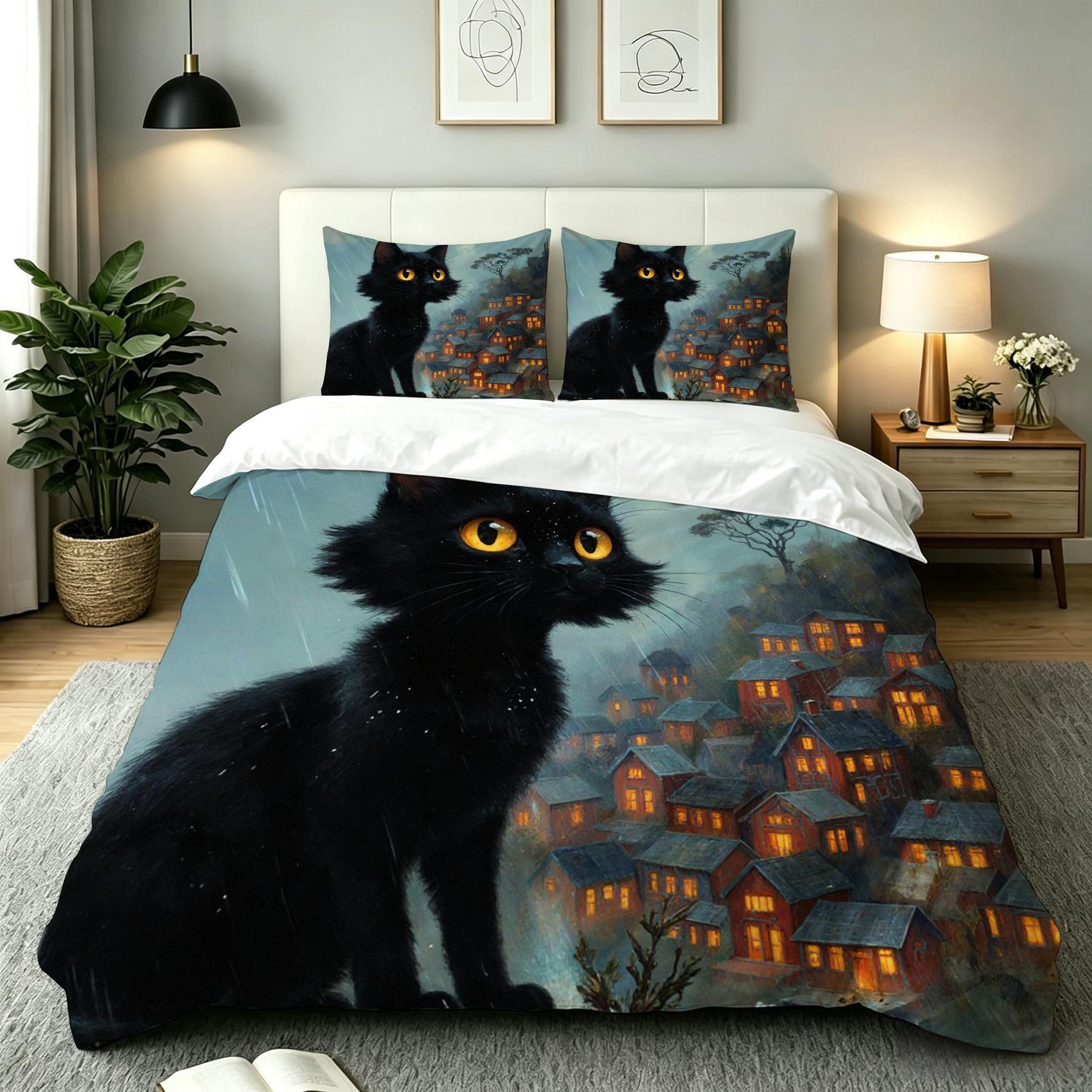 Housse de couette chat noir 220x240 parure de lit microfibre 2 personnes avec taie d'oreiller 65x65