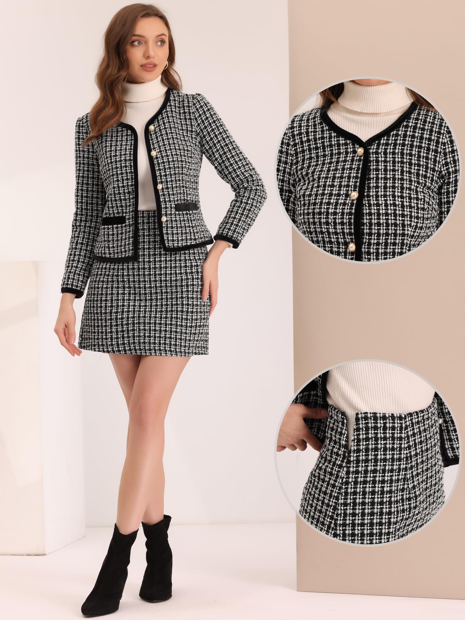 Allegra K Completo da donna in 2 pezzi, con giacca corta e gonna, in tweed scozzese