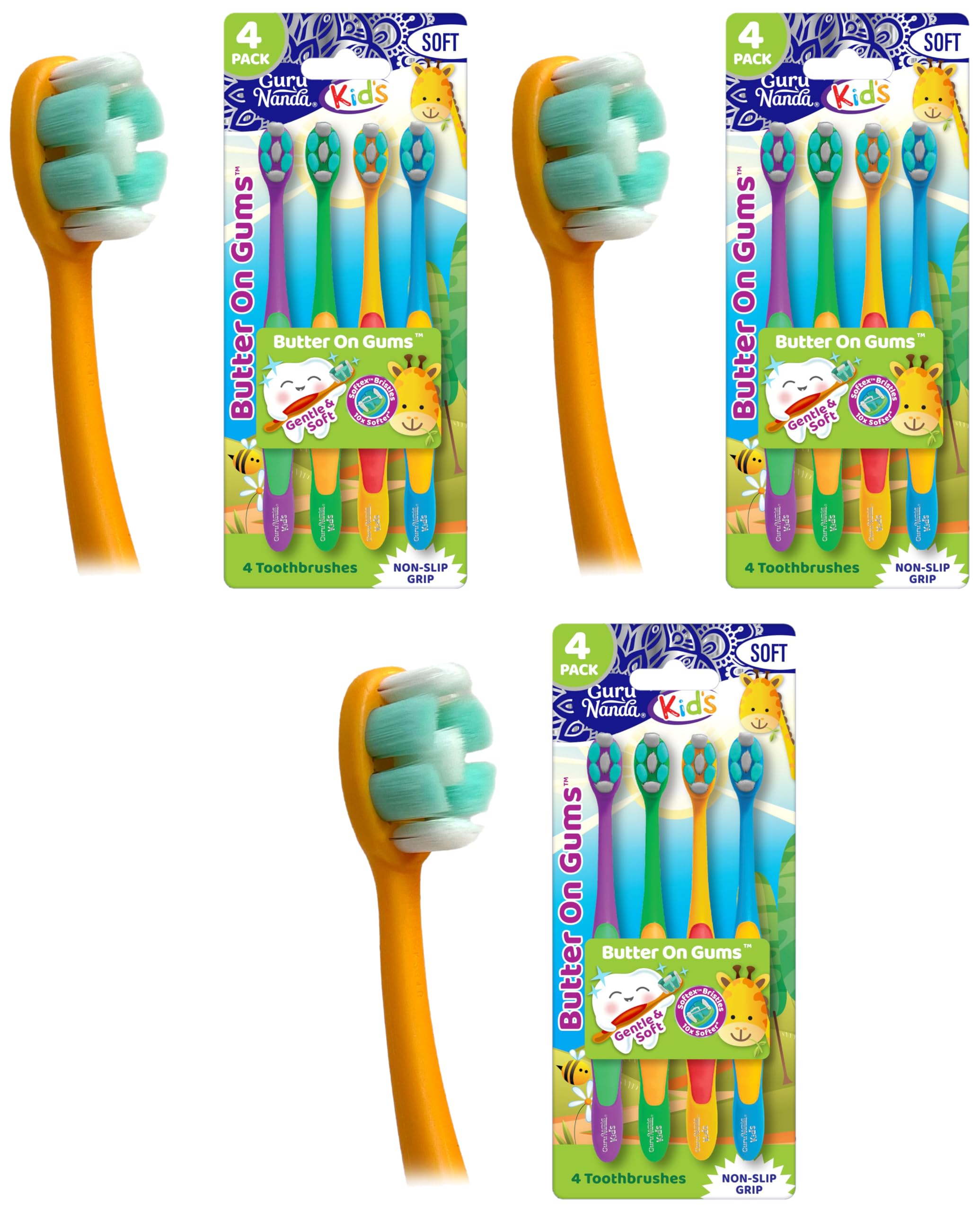 GuruNanda Butter On Gums Kids Toothbrush - 12 Pack Extra Soft Bristles Toothbrush for Kids, Multi-Colored &amp; Fun to Use for Beginner Cleaning - Ergonomic Grip Handle - BPA &amp; Cruelty-Free (Age 3+)