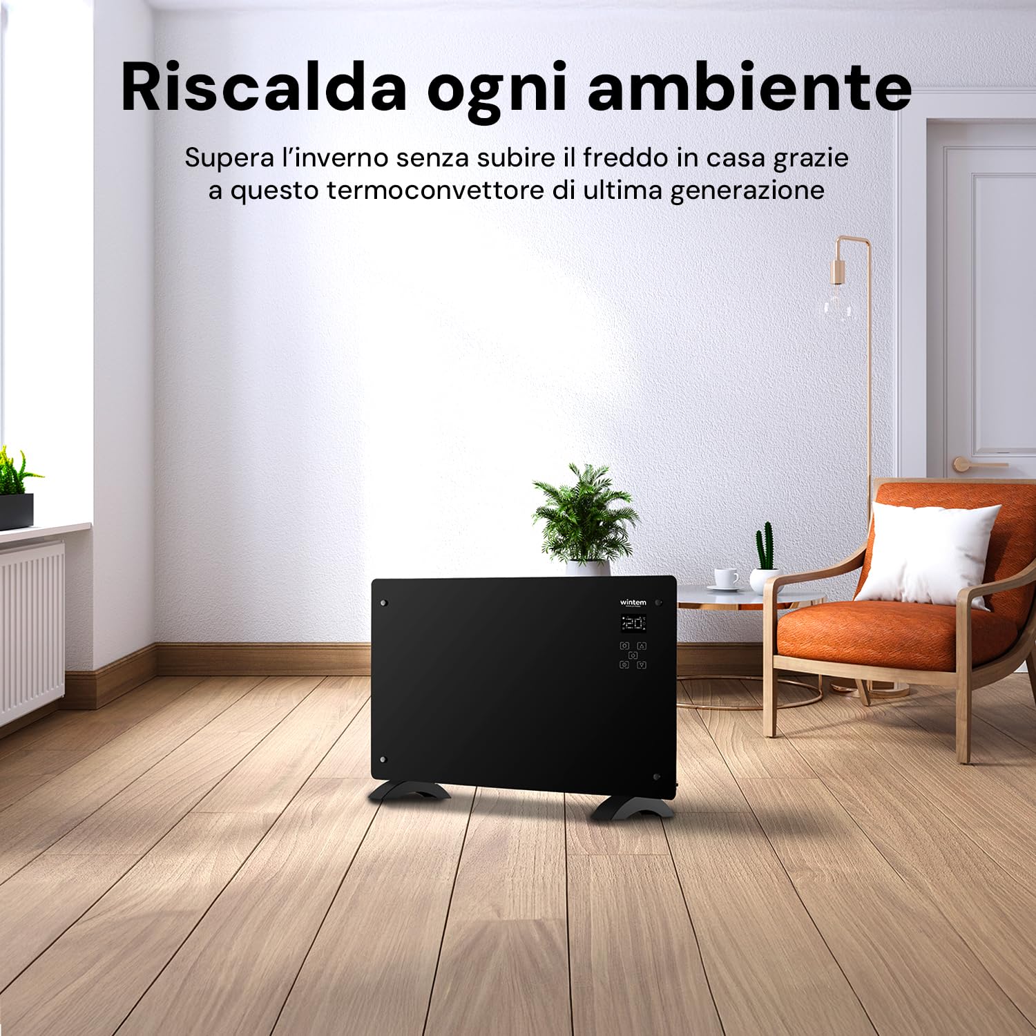 Wintem Termoconvettore Elettrico con App e Comandi Vocali Compatibile con Google Assistant e Alexa - Potenza 1500W, 3 Modalità di Riscaldamento e Timer Programmabile - 47x77x23cm