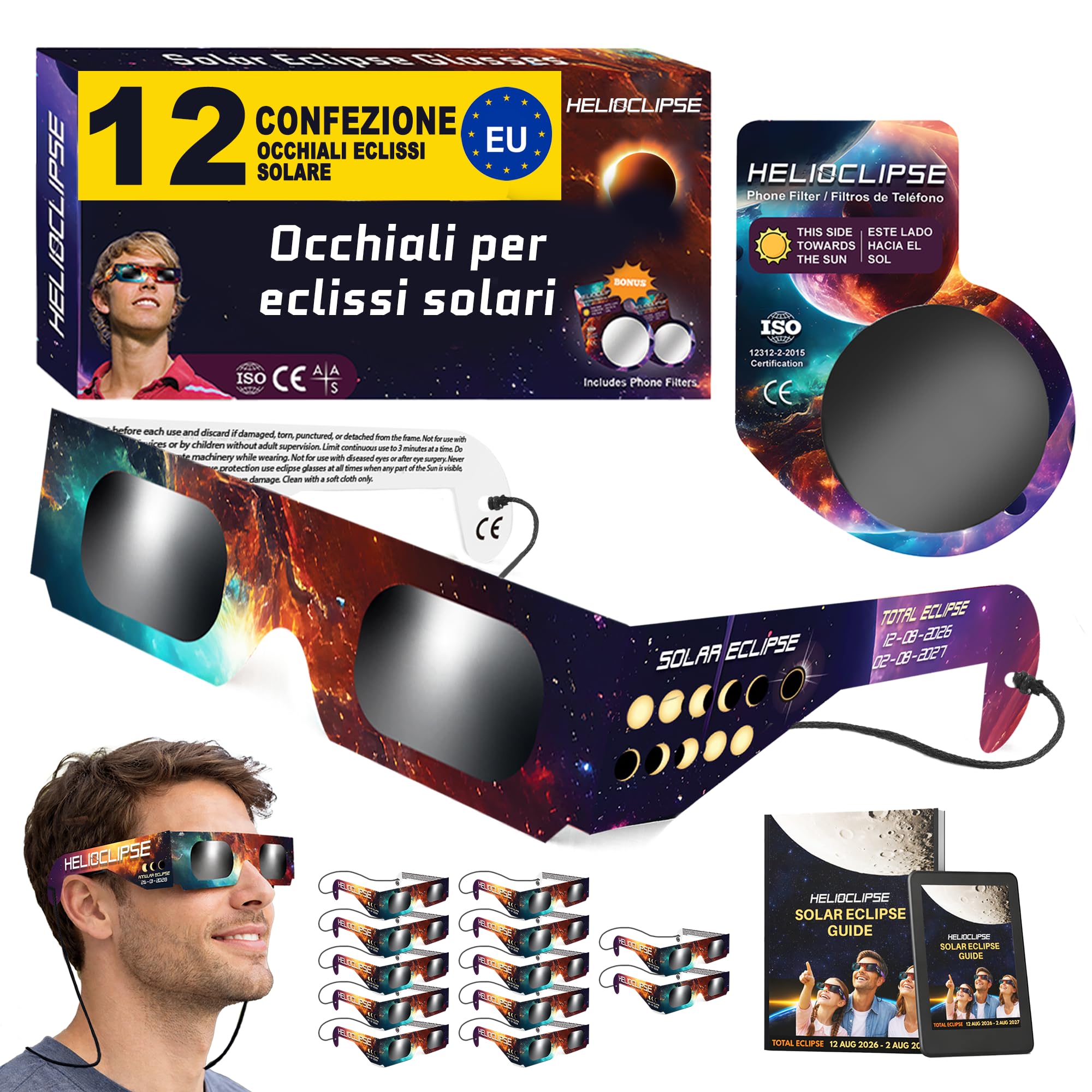 Helioclipse 12x Occhiali Eclissi Solare 2026 ISO 12312-2
