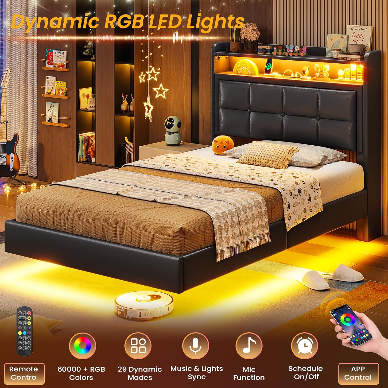 A bedroom scene with the VIAGDO bed frame illuminated by yellow RGB LED lights, showcasing the remote control and smartphone app for light customization.