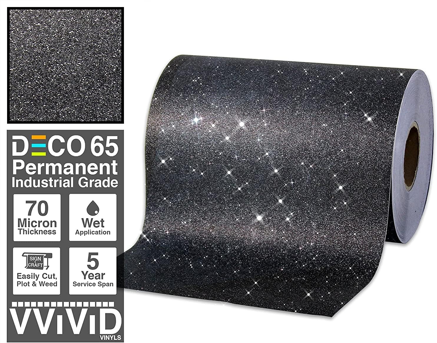 VViViD Glitter Black DECO65 Permanent Adhesive Craft Vinyl Roll for Cricut, Silhouette & Cameo (6ft x 1ft)