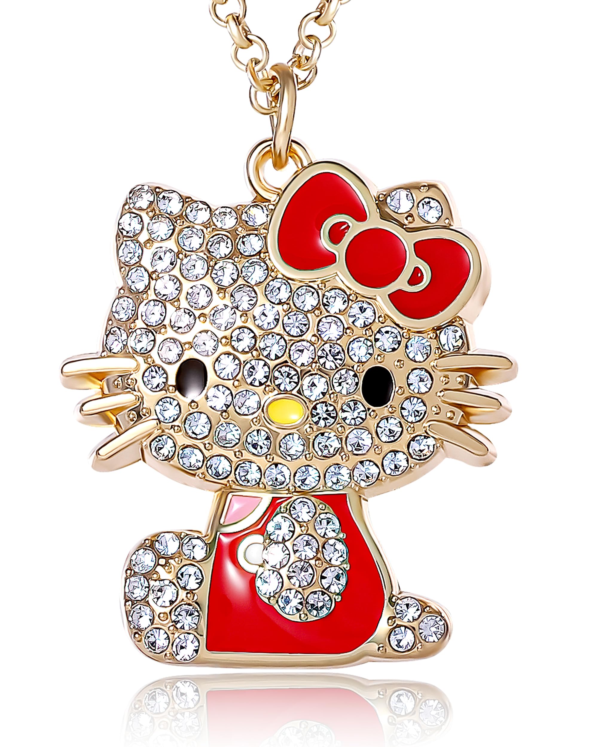 SALLY ROSE Hello Kitty Red Enamel and Pave Crystal Pendant Necklace Official License, Gold-Tone 16+3 Hello Kitty Necklace, Sanrio Gifts