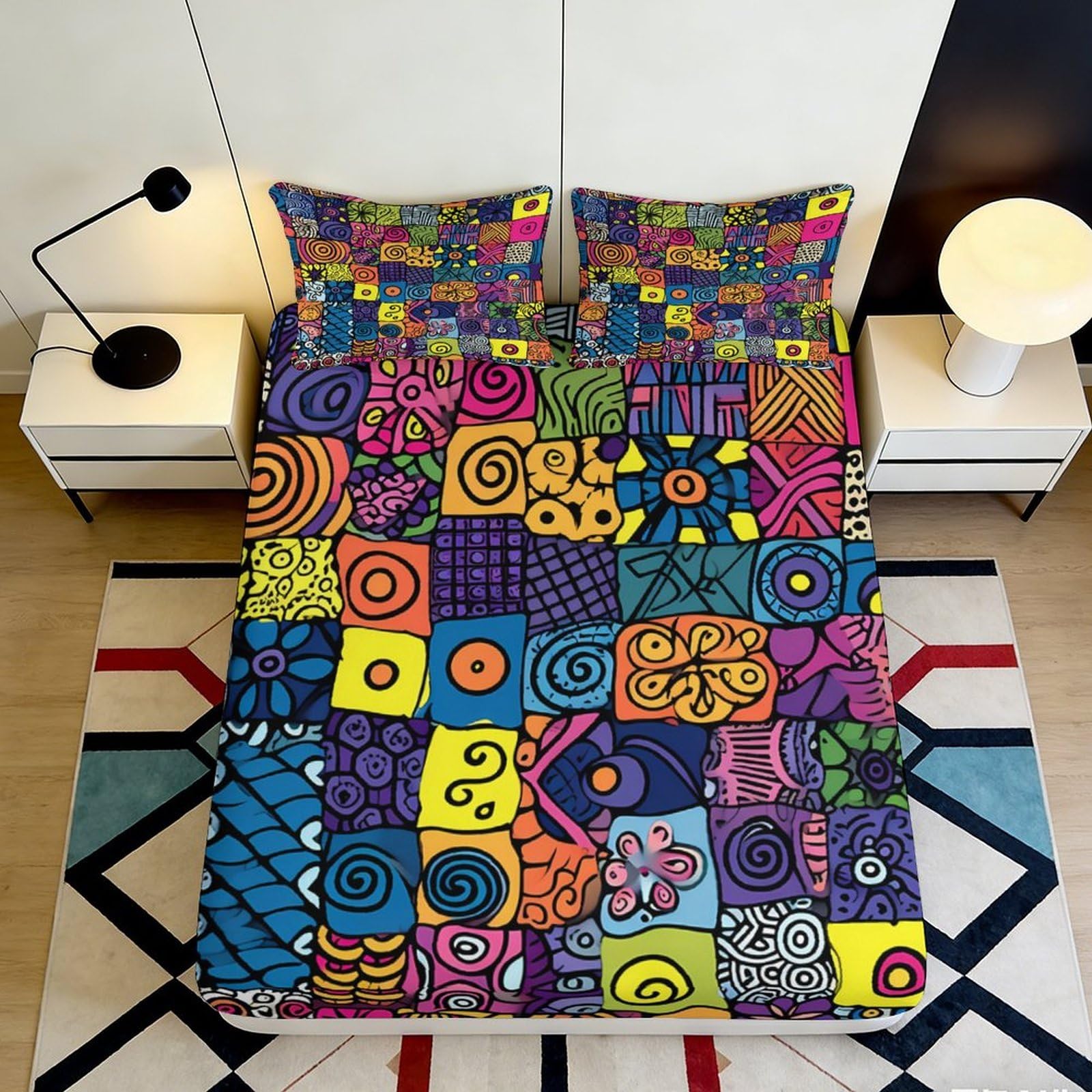 Pnayamiorkfel Style-6 3D Printed Abstract Geometric Art Fitted Sheet Microfiber Colorful Mosaic Mattress Cover For Bedroom Guest Room Decor 90X200x25cm