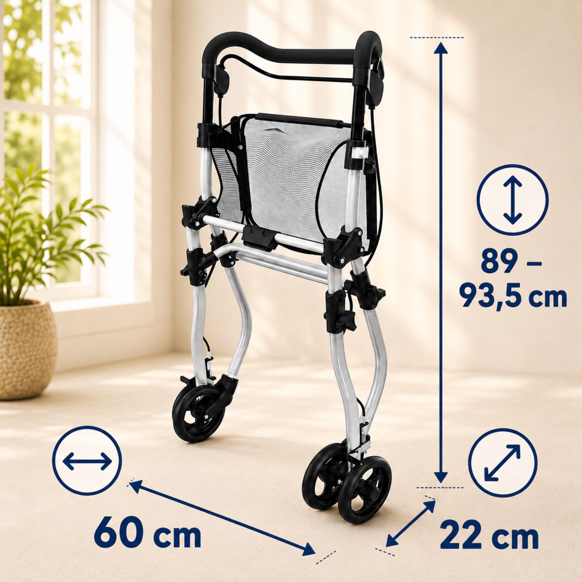 Weinberger Chodzik wąski do mieszkania, szerokość 60 cm, składany, lekki, taca i kosz, dwustronny i z regulowaną wysokością, składany, pomoc w chodzeniu, pomoc w chodzeniu dla seniorów, w kolorze