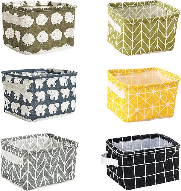 6 Pcs Fabric Storage Basket, Storage Basket Small Foldable Storage Box Set Bin Household Organizer Foldable Basket with Handle Desktop Storage Basket for Makeup, Book, Office, Kitchen