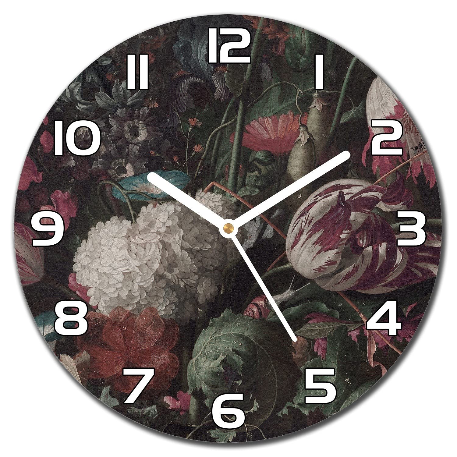 Horloge en verre lisible aiguilles blanches pour embellir un mur de salon sombre