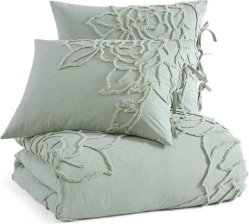 Miniatura 2 de Peri Home Juego de edredón y fundas de almohada de 3 piezas, 100% algodón, color verde chenilla rosa, tamaño King