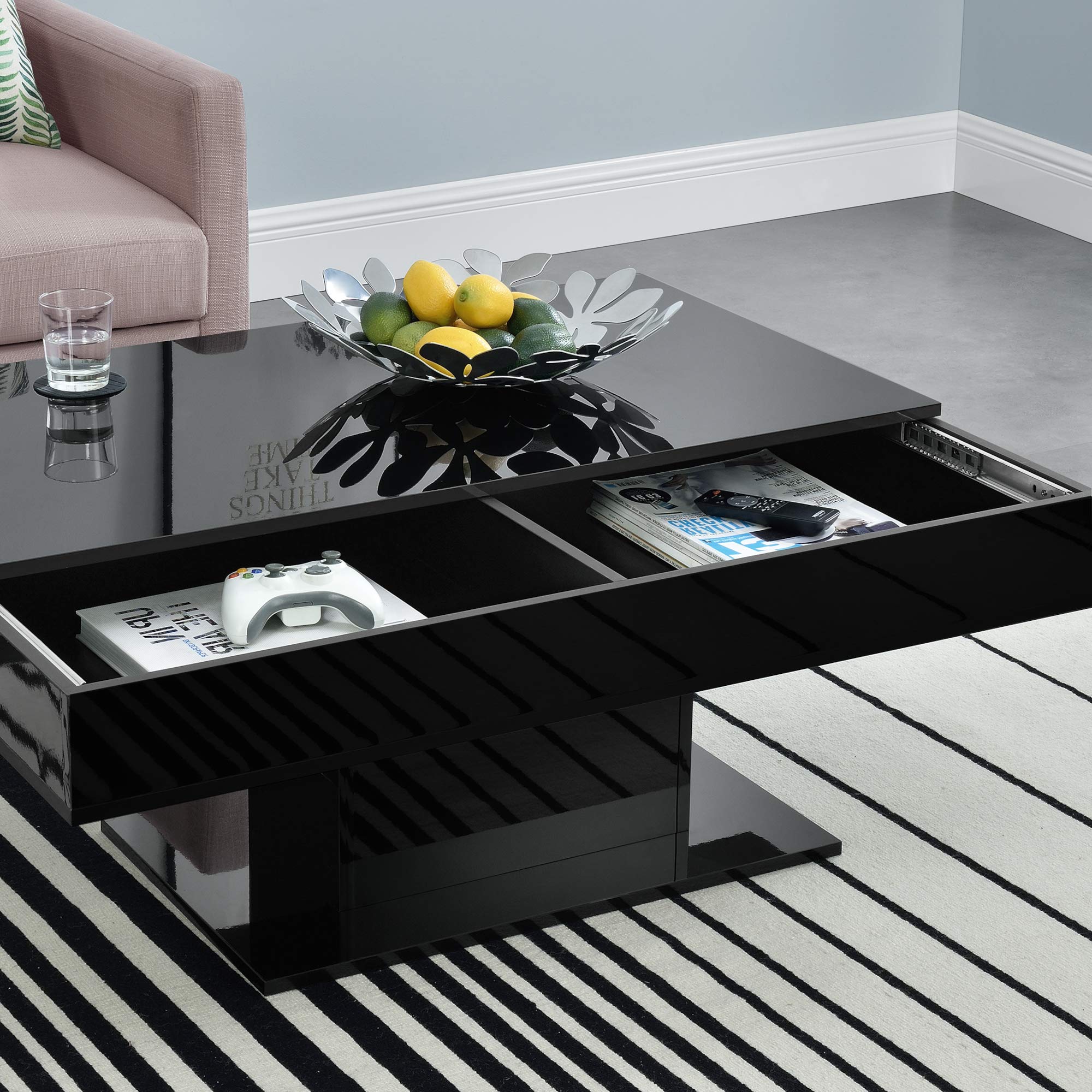 [en.casa] Mesa de Centro Lünen Mesa Baja Rectangular con Tablero Deslizante Diseño Atractivo para Salón Despacho Mueble Auxiliar 40 x 110 x 60 cm - Negro Alto Brillo