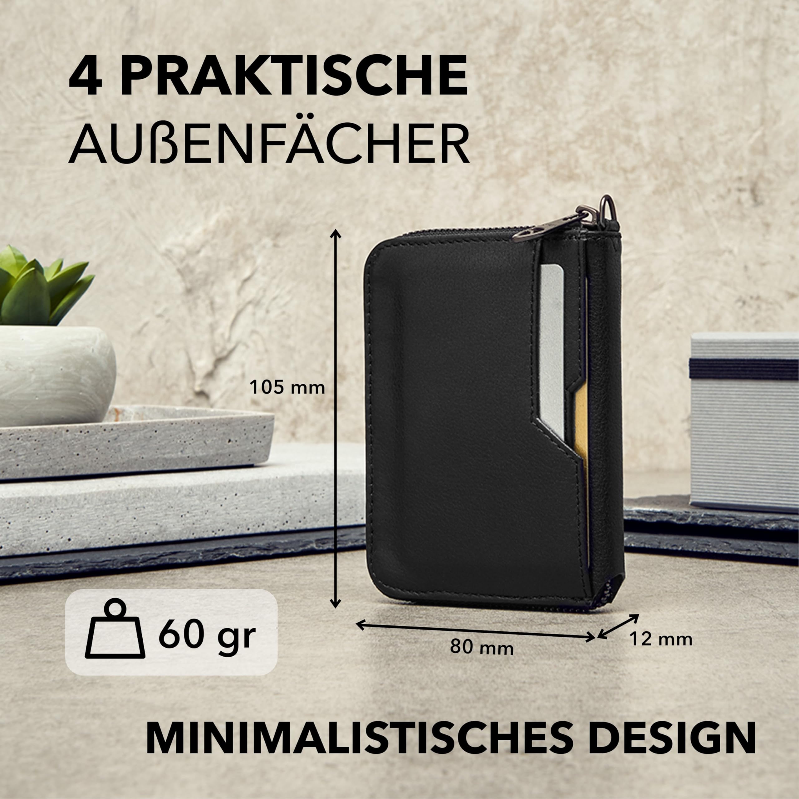 Vaultskin Notting Hill Leder Geldbörse mit Reißverschluss, RFID (Schwarz) | Kleines Portemonnaie für Damen, Herren, Portmonee klein, Münzfach, Schlüssel D-Ring, Mini Geldbeutel, 10 Karten, Geschenkbox