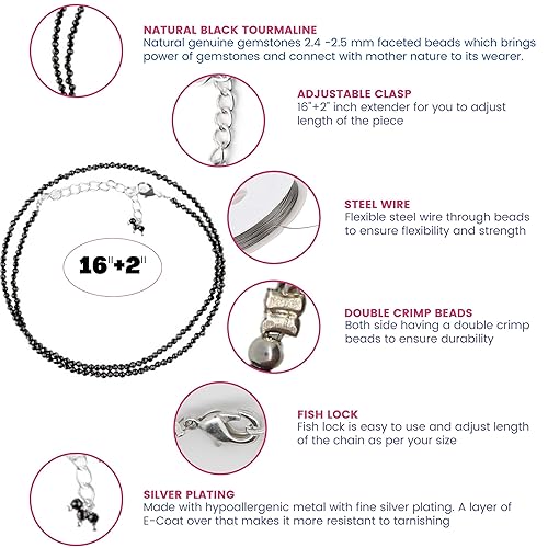 Miniatura 6 de Gempires Natural Black Tourmaline Beads Necklace, Faceted Beads, Energy Healing Crystals, Silver Plated Chain, Birthday, Gift for Her, Gemstone