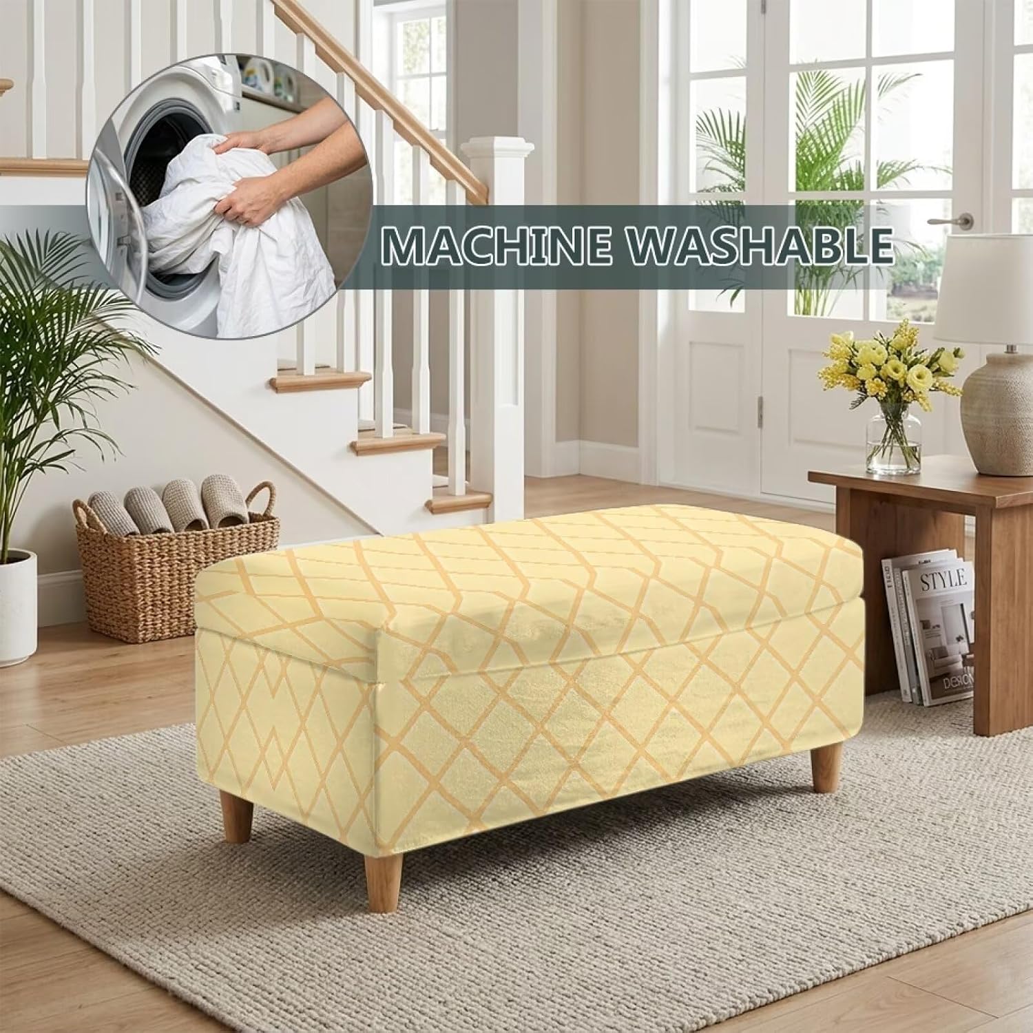 Stretch Ottoman Cover Non-Slip, Rectangle Ottoman Slipcover for Storage Bench, Elastic Bottom, Foot Stool Protector, for Living Room Decor, Yellow Plaid,Small