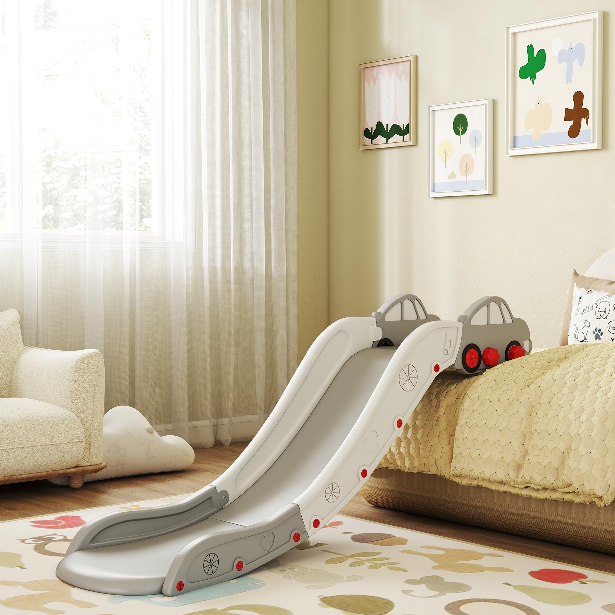AIYAPLAY Sofá Tobogán, Tobogán para Niños Pequeños de Interior con Longitud Extendida para Cama, Escaleras, Fácil de Montar y Guardar, Gris