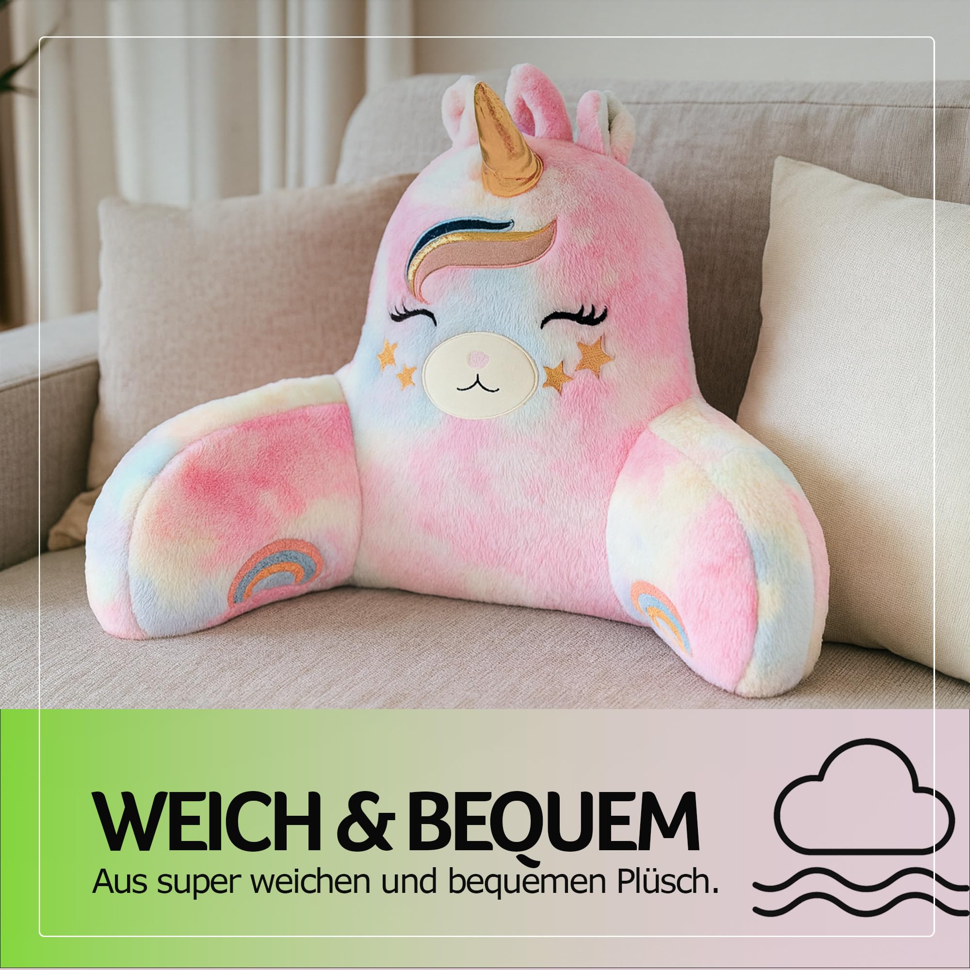 Bestlivings Bettsitzkissen 66×37×48 cm mit Armlehnen Einhorn Lese- & Rückenkissen – Ideale Rückenstütze für mehr Halt und Komfort für Rücken und Nacken