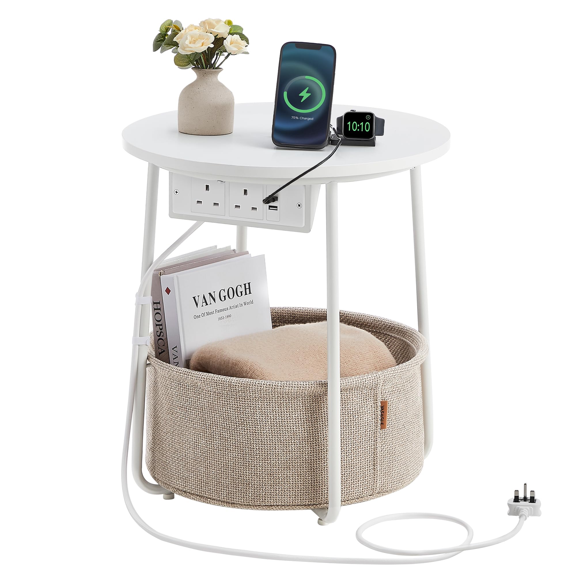 VASAGLE Side Table with Charging Station, Round End Table with Power Outlets, USB Ports, Fabric Basket, Living Room, Bedroom, Bedside Table, Modern, Matte White and Camel Brown LET228W03