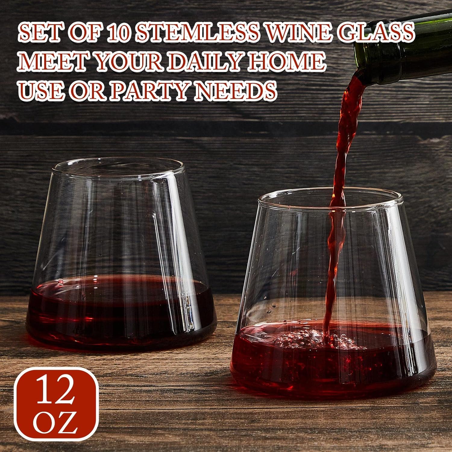 Zubebe Set of 10 Stemless Wine Glass 12 oz Glass Cups for Red & White Wine Modern Drinking Dishwasher Safe Gifts for Christmas - Image 5