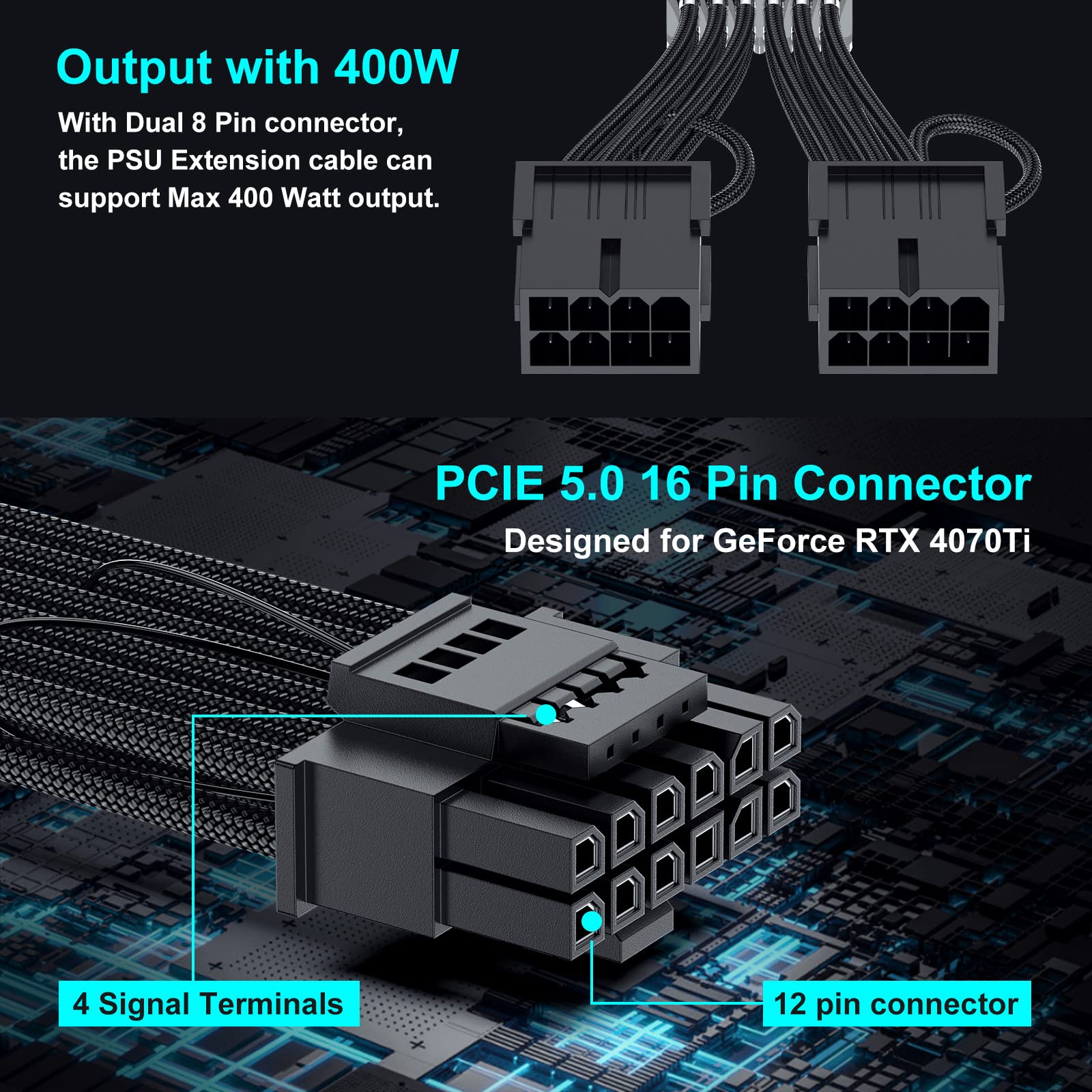 PCIE 5.0 16-pinowy kabel przedłużający GPU Power 12VHPWR, 16-pinowy (12+4) męski na 2 x 8-pinowy żeński przedłużacz adaptera GPU zaprojektowany dla Geforce RTX 4070 4070Ti Super 5090 5080