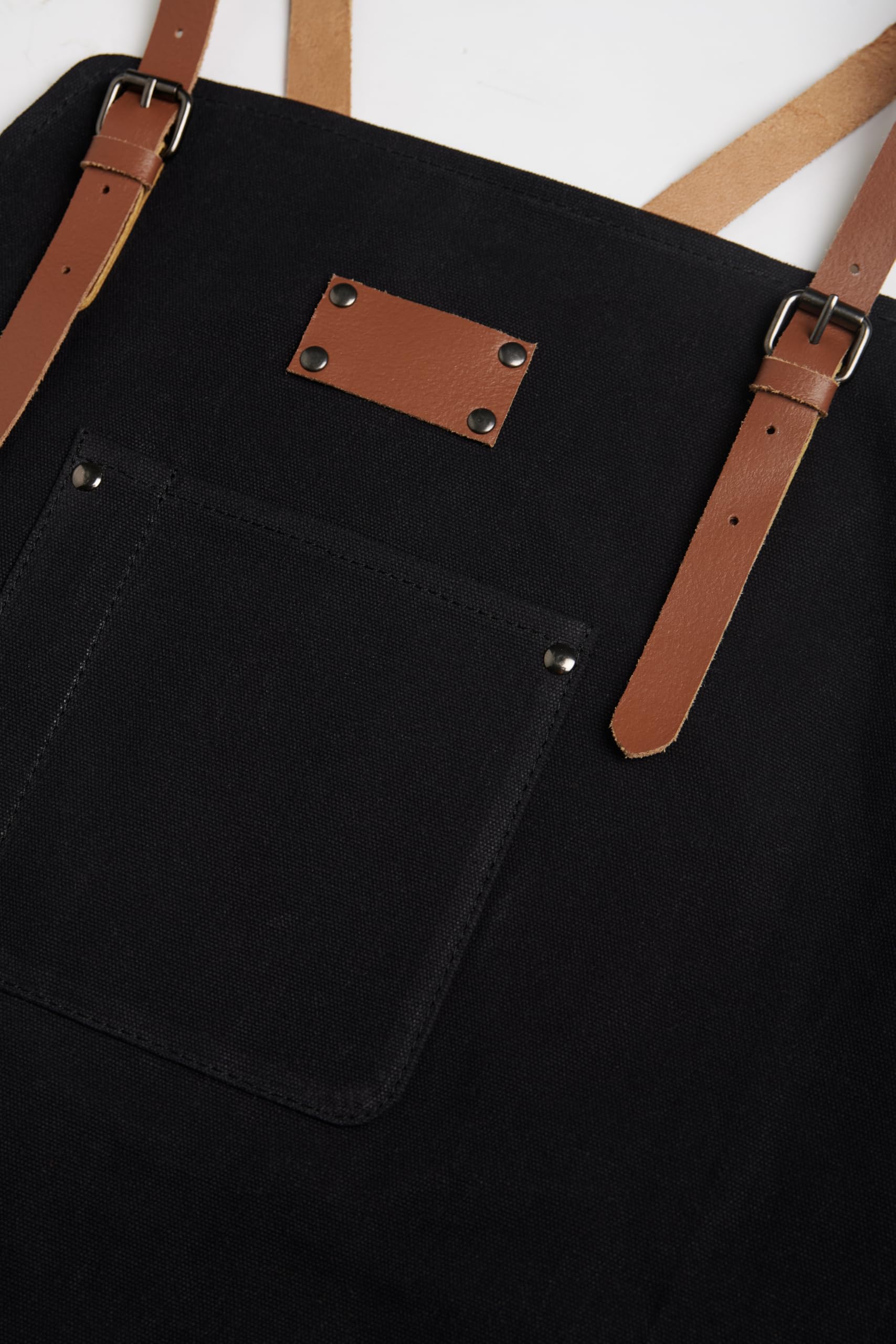 Theodore Grembiule da lavoro in tela cerata, nero con cinghie in pelle marrone, retro incrociato, tela resistente da 396,9 g, multiuso