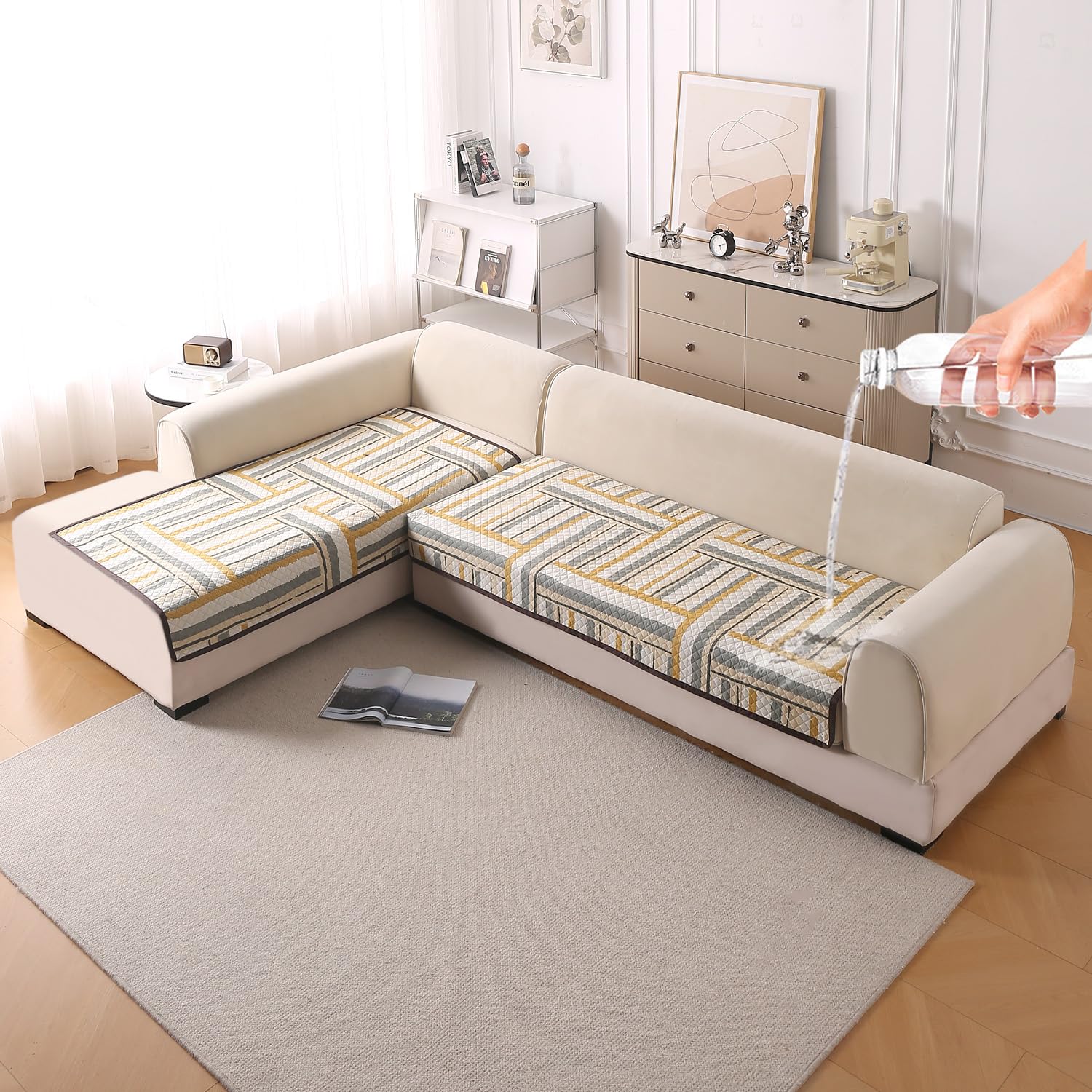 Beige Peony Sofa Cover - L Shape 5 Seater -18
