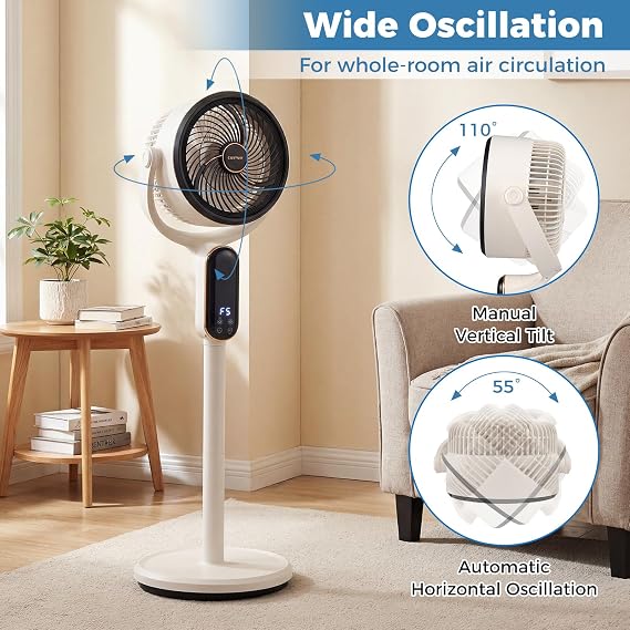 COSTWAY Oscillating Pedestal Fan, Quiet Standing Fan with 8 Speeds, Remote, 12H Timer, 21-38 Adjustable Height and LED Display, Air Circulator with Auto Oscillation, Floor Fan for Bedroom, White