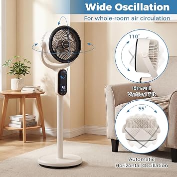 COSTWAY Oscillating Pedestal Fan, Quiet Standing Fan with 8 Speeds, Remote, 12H Timer, 21-38 Adjustable Height and LED Display, Air Circulator with Auto Oscillation, Floor Fan for Bedroom, White