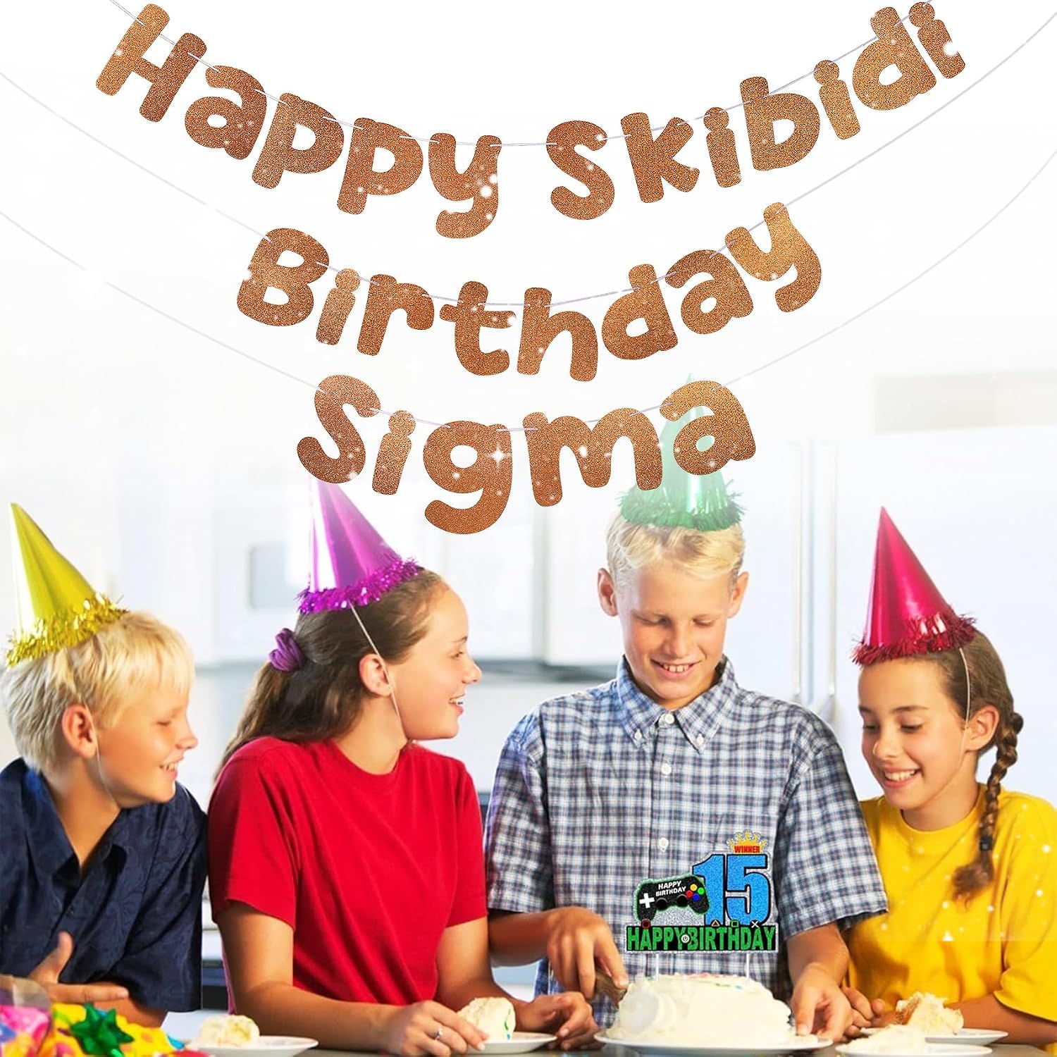 Happy Skibidi Birthday Sigma Glitter Banner – Funny Zoomer Birthday Decorations for Gen Z Kids, Meme Party Supplies & Ideas, Pre-Strung Gold Party Sign for Boys or Teens (Brown) image 5