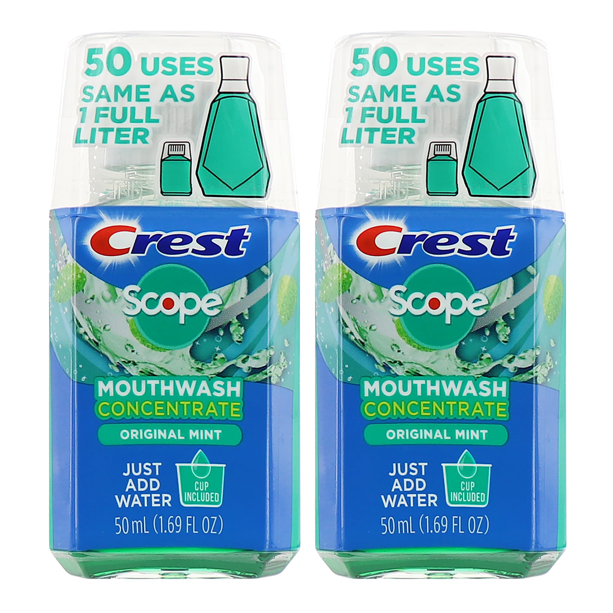 Crest Scope Mouthwash Concentrate, Travel Size Mouthwash, Original Mint Flavor, Helps Freshen Breath, 2 Pack -50 ml Squeeze Bottles