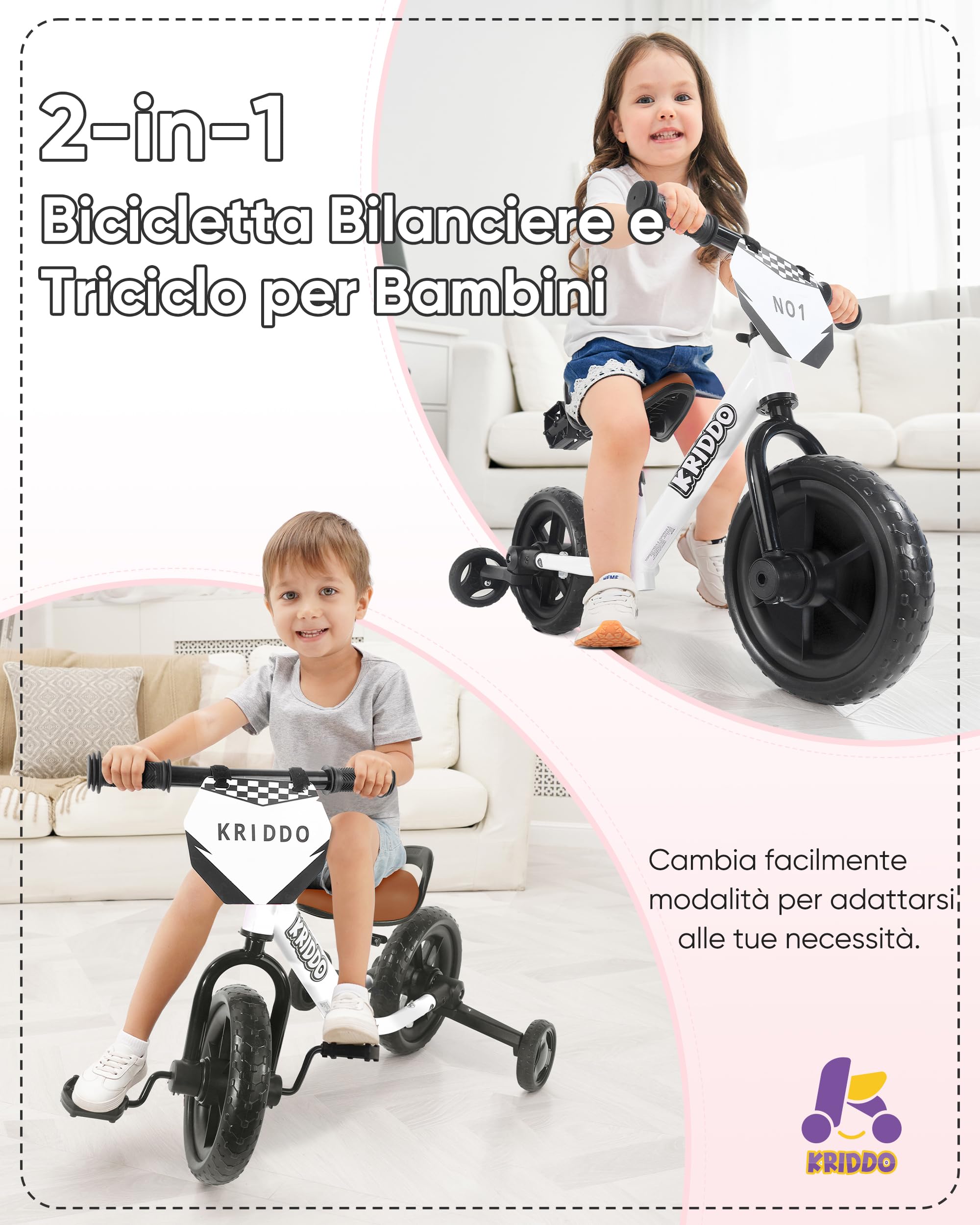 KRIDDO Triciclo per bambini 2 in 1 e bici senza pedali per bambini di 2 anni, pedali staccabili e rotelle ripiegabili, piastra fai da te, giocattolo da cavalcare dai 18 mesi ai 3 anni