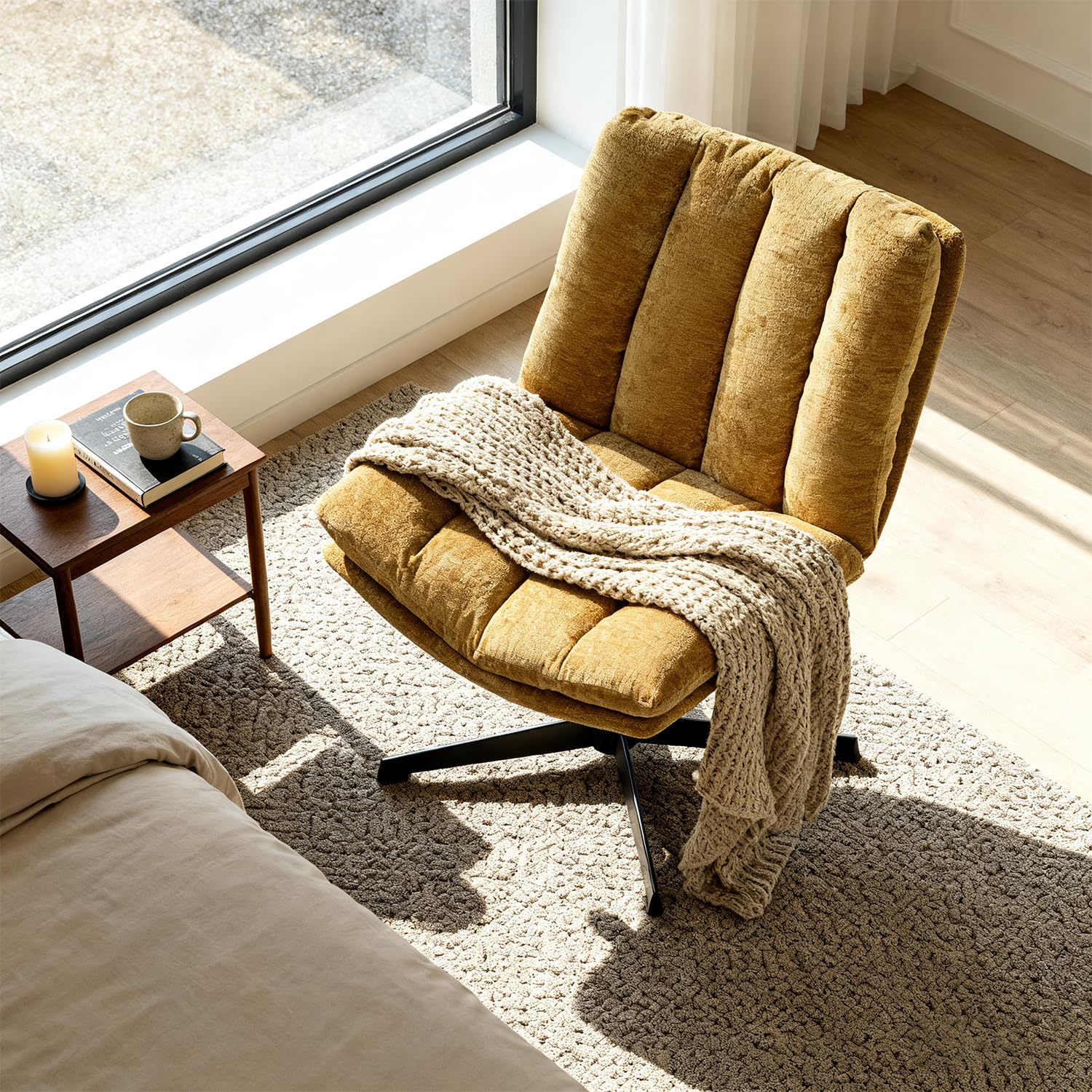 MEUBLE COSY Poltrona Girevole con Altezza Regolabile, Sedia da Salotto Funzione di Inclinazione Libera, Poltroncina Relax con Schienale Seduta Imbottito in Tessuto, Giallo