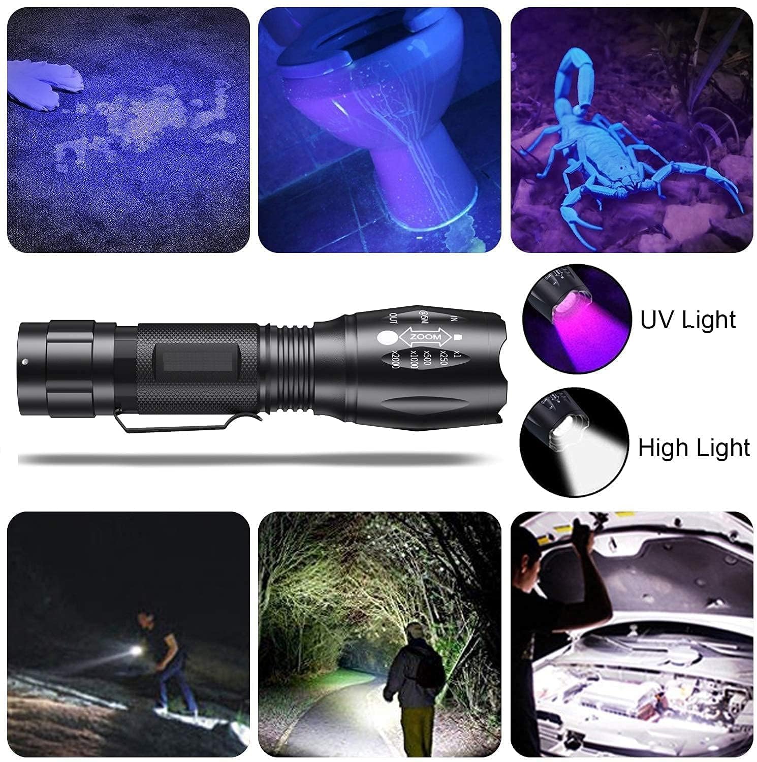 Linterna LED, linterna UV 2 en 1, luz ultravioleta Linternas LED de luz negra con iluminación de 500LM y 4 modos para ropa para mascotas