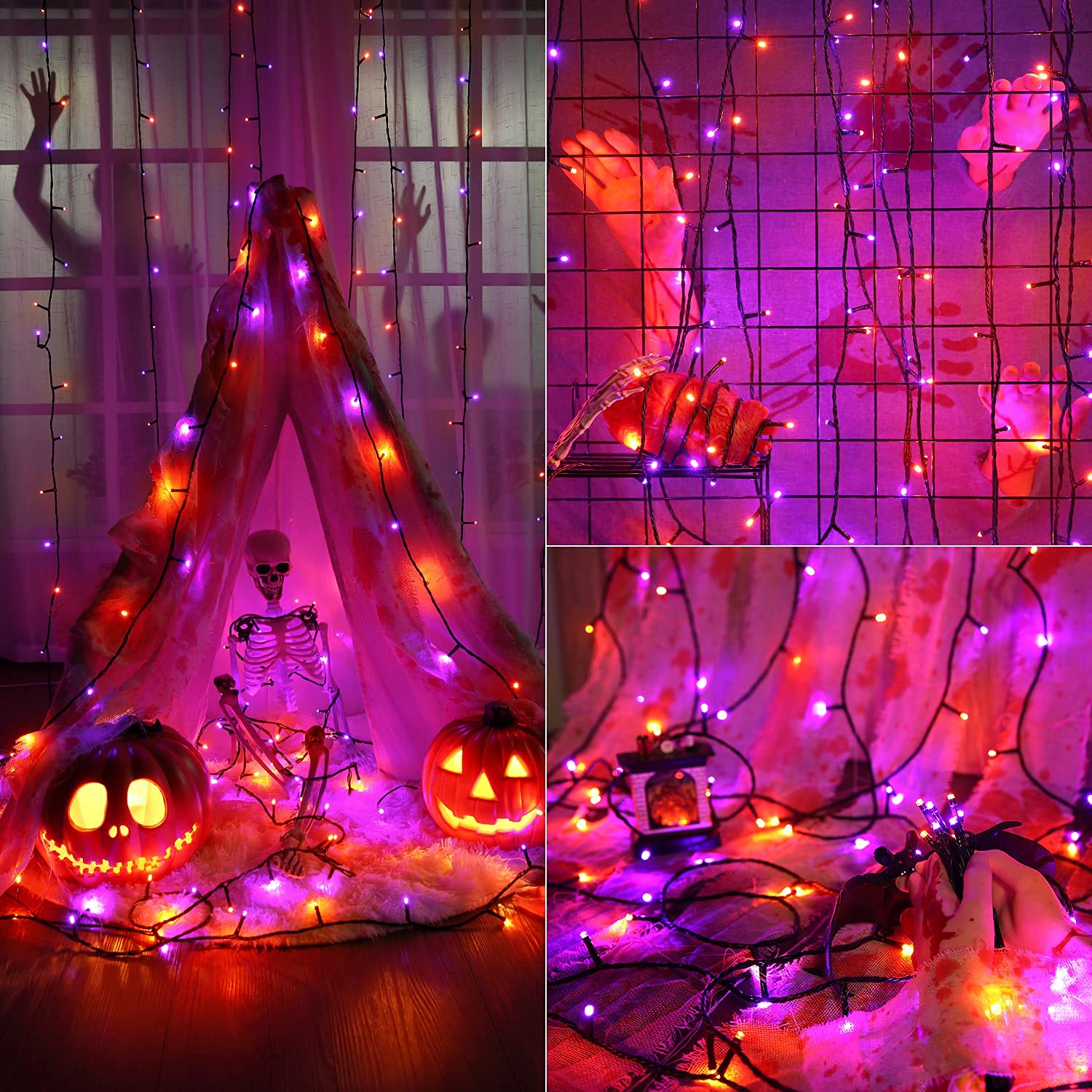 Extensión de luces LED impermeables decorativas para halloween, 78.74 pies y 240 mini luces para exteriores, con temporizador, 8 modos de iluminación, de conectar (morado y naranja) 7