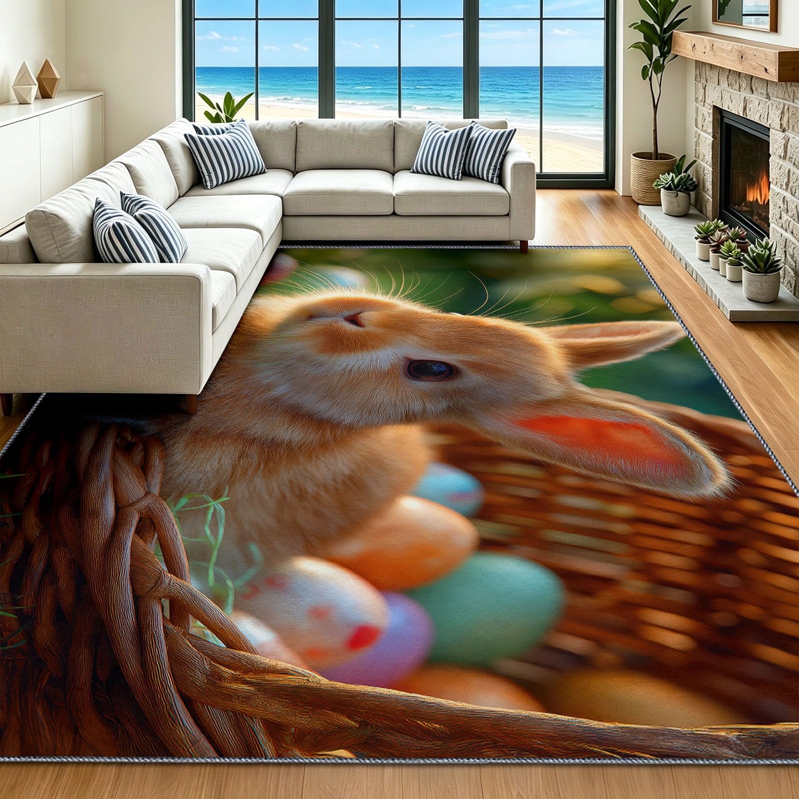 Generisch Alfombra lavable con dibujos animados en 3D, de Pascua, para salón, 160 x 230 cm, animales, conejos, huevos de Pascua, pelo corto, antideslizante, alfombra suave con estampado estampado para
